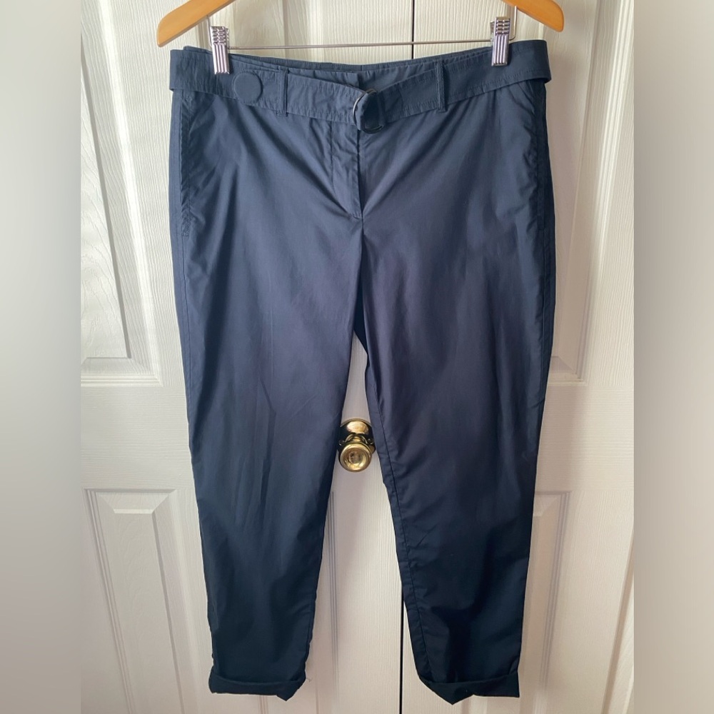 AKRIS punto Navy Blue Cotton Poplin Belted Rolled Cuff Ankle Pants SZ 6